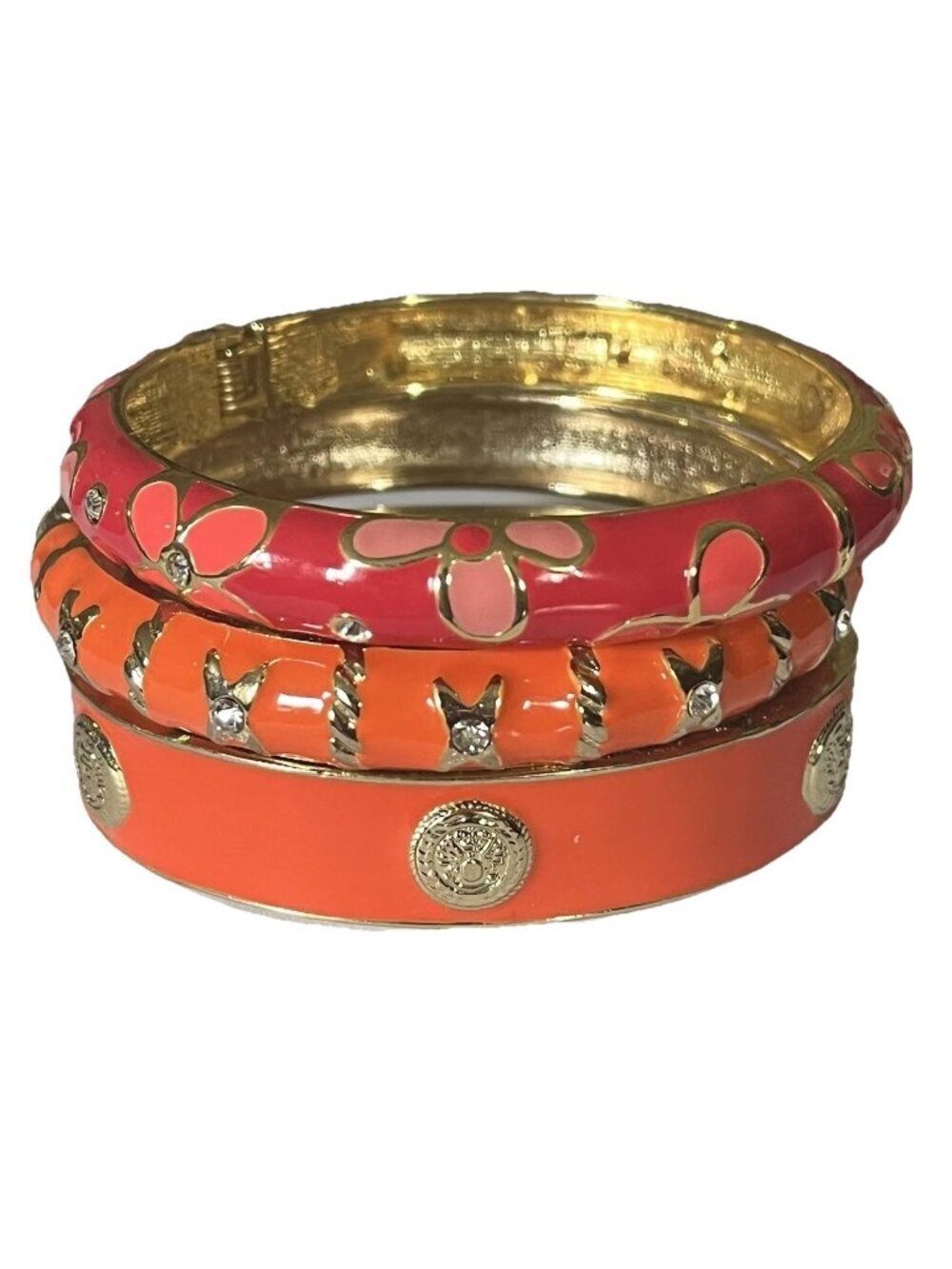Lot of 3 Enamel Hinged Bangle Bracelets Gold Tone Orange Pink Statement Stack